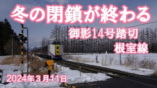 雪は有るけど目覚めた御影14踏切を通過する　列車達　特急おおぞら・特急とかち・DF200・DECMO　2024年3月11日