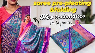 Saree pre-Pleating 🥻and BOX folding NEW TECHNIQUES FOR BEGINNERS 💯✅ #trending #tutorial #silksaree