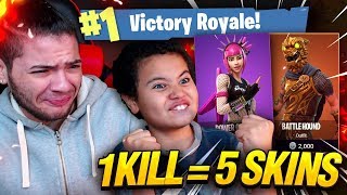 1 KILL = 5 FREE SKINS FOR MY 9 YEAR OLD LITTLE BROTHER! 9 YEAR OLD PLAYS SOLO FORTNITE BATTLE ROYALE