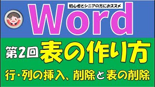 Wordで表の作り方　第２回目。行・列の挿入と削除の仕方、表の削除の仕方。表作りができると文書作成にメリハリができて魅力的な文書になります。