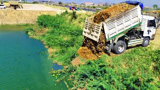 Nicely Job New Project!Truck Filling land Deep Hugelake Develop Of City,Skill Bulldozer Pushing Soil