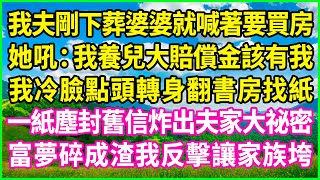我夫剛下葬婆婆就喊著要買房，她吼：我養兒大賠償金該有我！我冷臉點頭轉身翻書房找紙，一紙塵封舊信炸出夫家大祕密，富夢碎成渣我反擊讓家族垮！#情感故事 #花開富貴 #感人故事 #深夜談話 #人生故事