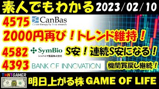 【明日上がる株】4582 シンバイオ！S安！次もS安？機関次第！4575 キャンバス！2000円再到達！トレンド維持！4393 バンク・オブ・イノベーション！機関売り増し継続！【20230210】