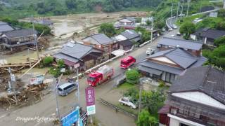 朝倉市豪雨災害　山田交差点から宮園・黒川線　三連水車　ドローン撮影