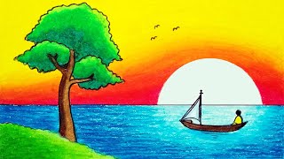 How To Draw Sunset Scenery In Beach | Drawing Sunset Scenery In sea With Oil Pastel