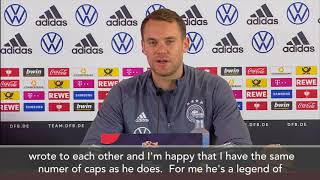 Manuel Neuer on overtaking Sepp Maier's record of 95 caps for a German goalkeeper.