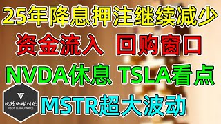 美股 25年降息押注大幅减少！下周NVDA休息，TSLA看点！MSTR超大波动！资金流入，回购窗口！七大权重年度表现！