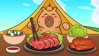 Capybara Mukbang Picnic / ASMR / BBQ, Sausage, Salad, Beef Steak / Capybara Mukbang Animation