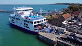 Wightlink’s Yarmouth terminal & vessel Wight Sky from the air