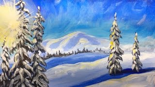 Winter Landscape Step by Step Acrylic Painting on Canvas for Beginners | TheArtSherpa