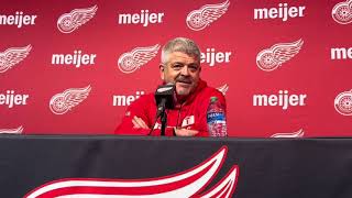 Todd McLellan talks playing 'harder' at Red Wings press conference; Larkin, Seider, Kane react