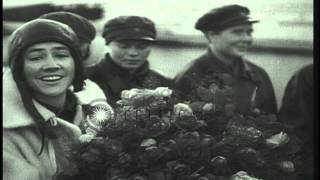 Charles Augustus Lindbergh and  Anne Morrow Lindbergh being greeted by well-wishe...HD Stock Footage