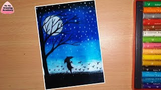 Alone Girl Night Scenery Drawing with Oil Pastels - Step by Step (Very Easy)