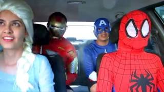 Superheroes Dancing in a Car  Frozen Elsa, Spiderman, Captain America & Iron Man
