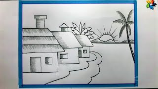 Draw | Easy Scenery | Village Scenery Drawing | Pencil Art