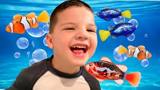 🐠Caleb Goes Swimming with New Pet Fish Friends in GIANT BATH INDOOR POOL in HOUSE! Pretend Play FUN
