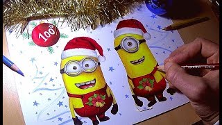 MERRY CHRISTMAS BY MINIONS (100th VIDEO) - Speed drawing