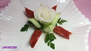 Artistic White Radish Rose Of Tomato & Cucumber Leaf Designs – Vegetable Flower Carving Design.