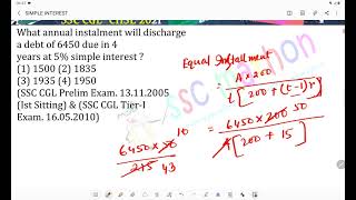 What annual instalment will discharge debt of 6450 due in 4years at 5% simple interest ?