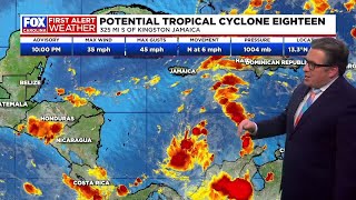 Potential tropical cyclone eighteen moving north from Caribbean