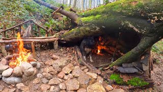 Bushcraft SURVIVAL Shelter; Winter CAMPING in Rain, THUNDER. Outdoor Cooking. Wild Camp