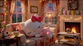 Hello Kitty Easter Nap Time by the Fireplace | Spring Ambience | Cozy Rain