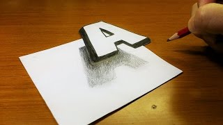 Very Easy!! How To Drawing 3D Floating Letter "A" - Trick Art on Line Paper