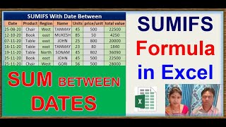 sumifs between dates in excel | sum between two dates in excel | Excel