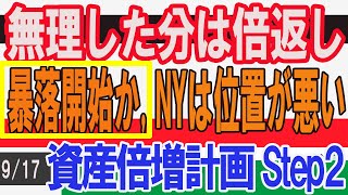 【9/17相場展望】ＮＹダウ、ナスダック再暴落か？戻りの位置が悪く、再度ダウントレンドにはいると危険。日本は追随する。しかし、ここから下げ止まる銘柄がでてくる、それが資産倍増計画の銘柄、時を買え。