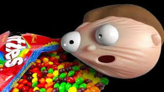 Stretchy Morty eats some skittles