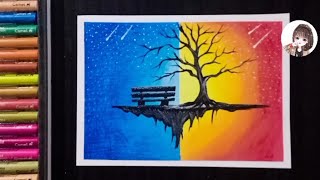 oil pastel drawing for beginners/ moonlight night scenery painting with oil pastel
