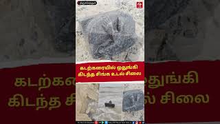 கடற்கரையில் ஒதுங்கி கிடந்த சிங்க உடல் சிலை...