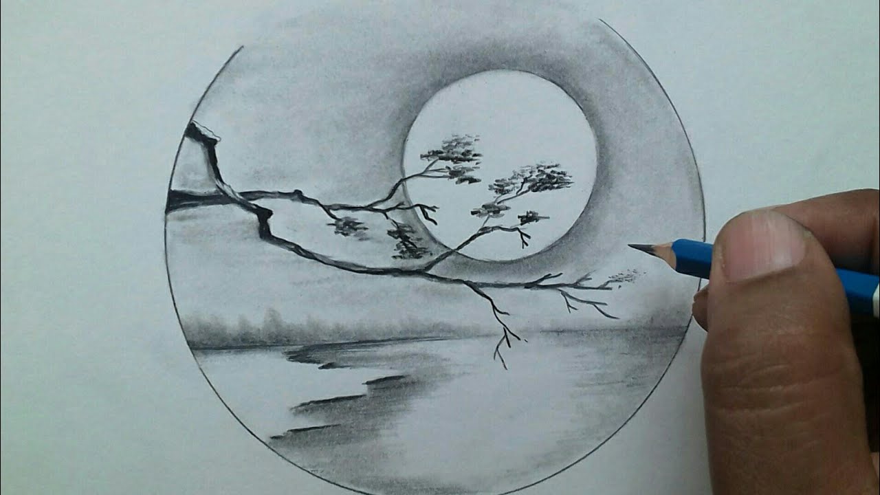 How To Draw Beautiful Moonlight Night Scenery Drawing Step By Step ...