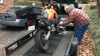 Motorcycle + Trailer = one good way to secure a motorcycle on a trailer