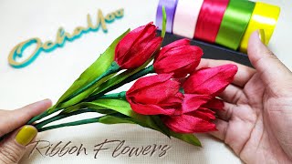 DIY tulips tutorial/how to make satin ribbon flowers tulip