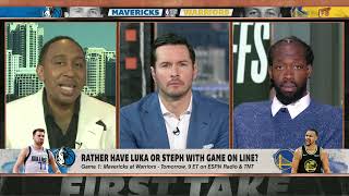 Stephen A., Pat Bev & JJ Redick are calling each other out on First Take during Curry-Doncic talk 🍿