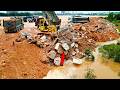 Wow! Huge Land Filling Process Strong Bulldozer Pushing Rock Ft 24ton Dump Truck Unloading Rock