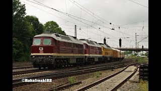 Bahnbau 232 223 + 232 550 + 233 493 mit Makro und leerem Schwellenzug durch Löhne richtung Minden