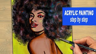 Acrylic Painting Tutorial | Dark Skin Portrait Painting for Beginners | Afro | Black Lady
