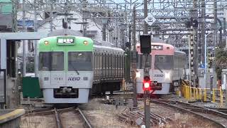 京王井の頭線　1000系1702F編成リニューアル車到着・1711F編成発車・1729F編成レインボーラッピング電車発車・1731F編成到着　永福町駅にて　(京王ポケモンパズルラリー車内広告付き)