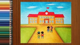 School Drawing - How To Draw a School Scene Step by Step for Kids