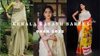 10 Gorgeous Different Styles Of Kerala Kasavu Sarees/ Onam 2022 Designs/ Links in the Description