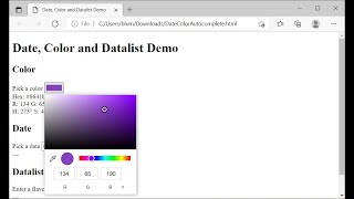 HTML JavaScript: Color Input, Date Input, Data-list Autocomplete