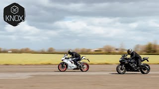 Ducati Panigale V2 vs Suzuki GSXR 750 - Airfield drag race | Knox armour