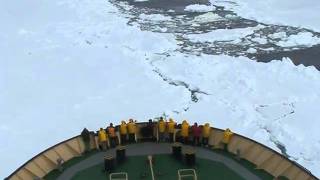 Antarctica 2010-Icebreaker Khelbnikov full speed second attempt cutting the pack ice