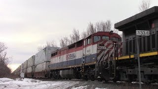 Rare Daylight CN Stack Train 121 w/BC Rail Cowl at Berry Mills, NB (Jan 27, 2018)