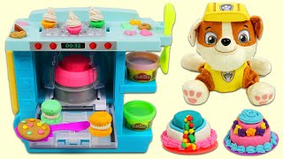 Feeding Paw Patrol Rubble Dessert with DIY Play Doh Rising Oven Cakes Arts and Crafts!