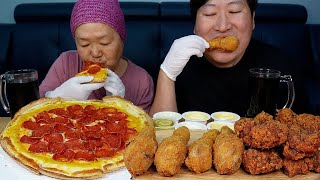 청년피자 🍕고구마 크러스트 추가한 페퍼로니 피자와 닭다리, 치킨 먹방 Pepperoni Pizza & Chicken   Mukbang eating show