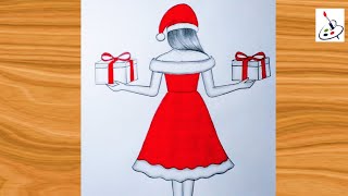 How to draw a girl with Christmas Gifts||Easy Christmas Drawing||Easy Drawing ideas for Beginners