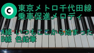 〈ピアノで弾こう〉東京メトロ千代田線乗車促進メロディ　ゆっくりテンポピアノ単音ver.　通常テンポピアノ両手ver.　ドレミ仮名,　運指番号、メロディ楽譜